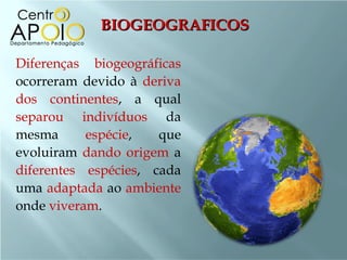 Diferenças biogeográficas  ocorreram devido à  deriva dos continentes , a qual  separou   indivíduos  da mesma  espécie , que evoluiram  dando origem  a  diferentes espécies , cada uma  adaptada  ao  ambiente  onde  viveram . BIOGEOGRAFICOS 