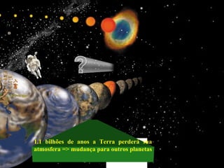 1.1 bilhões de anos a Terra perderá sua
atmosfera => mudança para outros planetas
 