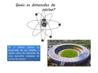 Quais as dimensões do
núcleo?
Se o átomo tivesse as
dimensões de um estádio, o
núcleo seria do tamanho de
uma joaminha colocada no
centro do campo.
 