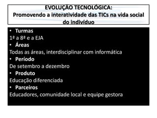 EVOLUÇÃO TECNOLÓGICA:Promovendo a interatividade das TICs na vida social do indivíduoTurmas1ª a 8ª e a EJAÁreasTodas as áreas, interdisciplinar com informáticaPeríodoDe setembro a dezembroProdutoEducação diferenciadaParceiros Educadores, comunidade local e equipe gestora
