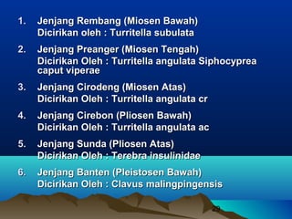 1.   Jenjang Rembang (Miosen Bawah)
     Dicirikan oleh : Turritella subulata
2.   Jenjang Preanger (Miosen Tengah)
     Dicirikan Oleh : Turritella angulata Siphocyprea
     caput viperae
3.   Jenjang Cirodeng (Miosen Atas)
     Dicirikan Oleh : Turritella angulata cr
4.   Jenjang Cirebon (Pliosen Bawah)
     Dicirikan Oleh : Turritella angulata ac
5.   Jenjang Sunda (Pliosen Atas)
     Dicirikan Oleh : Terebra insulinidae
6.   Jenjang Banten (Pleistosen Bawah)
     Dicirikan Oleh : Clavus malingpingensis

                                               29
 