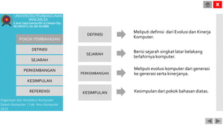 Organisasi dan Arsitektur Komputer
Sistem Komputer | Fak. Ilmu Komputer
2015
Meliputi definisi dari Evolusi dan Kinerja
Komputer.POKOK PEMBAHASAN
DEFINISI
SEJARAH
PERKEMBANGAN
KESIMPULAN
REFERENSI
DEFINISI
SEJARAH
PERKEMBANGAN
KESIMPULAN
Berisi sejarah singkat latar belakang
terlahirnya komputer.
Meliputi evolusi komputer dari generasi
ke generasi serta kinerjanya.
Kesimpulan dari pokok bahasan diatas.
UNIVERSITASPEMBANGUNAN
PANCABUDI
Jl.Jend.GatotSubrotoKM.4,5MedanTelp.
0618455571,Fax.0614514808
X
 