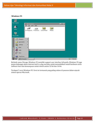 Bahan Ajar Teknologi Informasi dan Komunikasi Kelas X



       Windows 95




       Berkode nama Chicago, Windows 95 memiliki support user interface full grafis. Windows 95 juga
       punya dukungan akses internet built in, plug and play untuk memudahkan install hardware serta
       software baru dan kemampuan untuk switch antara 32 bit dan 16 bit.

       Terdapat 5 versi Windows 95. Versi ini termasuk yang paling sukses di pasaran dalam sejarah
       sistem operasi Microsoft.




                  Labieb Maududi, S.Kom- SMAN 1 Kebomas Gresik                                Page 10
 