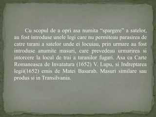 Cu scopul de a opri asa numita “spargere” a satelor, 
au fost introduse unele legi care nu permiteau parasirea de 
catre tarani a satelor unde ei locuiau, prin urmare au fost 
introduse anumite masuri, care prevedeau urmarirea si 
intorcere la locul de trai a taranilor fugari. Asa ca Carte 
Romaneasca de Invatatura (1652) V. Lupu, si Indreptarea 
legii(1652) emis de Matei Basarab. Masuri similare sau 
produs si in Transilvania. 
 