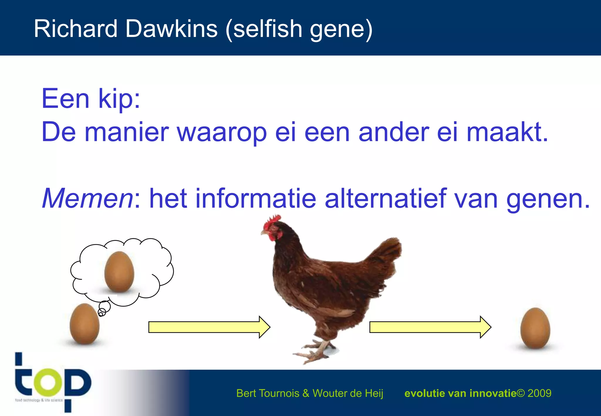 Richard Dawkins (selfish gene)Een kip: De manier waarop ei een ander ei maakt.Memen: het informatie alternatief van genen.