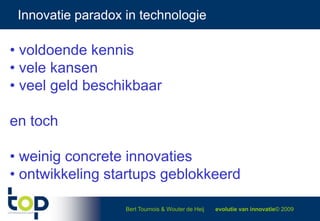 Innovatie paradox in technologie<br /> voldoende kennis<br /> vele kansen<br /> veel geld beschikbaar<br />en toch<br /> w...