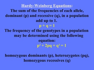 Hardy-Weinberg Equations : The sum of the frequencies of each allele, dominant (p) and recessive (q), in a population add up to 1.   p + q = 1 The frequency of the genotypes in a population    may be determined using the following equation: p 2  + 2pq + q 2  = 1 homozygous dominants (p), heterozygotes (pq), homozygous recessives (q) 