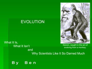 What It Is,  What It Isn’t    and  Why Scientists Like It So Darned Much EVOLUTION By Ben Darwin, caught in the act of evolving from a monkey. 