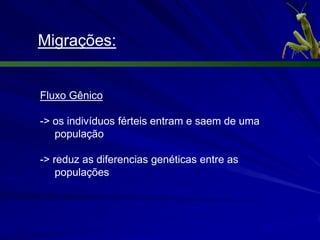 Migrações:


Fluxo Gênico

-> os indivíduos férteis entram e saem de uma
   população

-> reduz as diferencias genéticas entre as
    populações
 