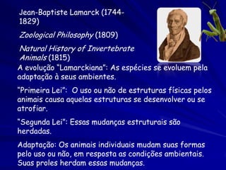 Jean-Baptiste Lamarck (1744-
1829)
Zoological Philosophy (1809)
Natural History of Invertebrate
Animals (1815)
A evolução “Lamarckiana”: As espécies se evoluem pela
adaptação à seus ambientes.
“Primeira Lei”: O uso ou não de estruturas físicas pelos
animais causa aquelas estruturas se desenvolver ou se
atrofiar.
“Segunda Lei”: Essas mudanças estruturais são
herdadas.
Adaptação: Os animais individuais mudam suas formas
pelo uso ou não, em resposta as condições ambientais.
Suas proles herdam essas mudanças.
 