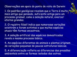 Observações em apoio do ponto de vista de Darwin:
1. Os padrões geológicas revelam que a Terra é muito
mais antiga que pensado, suficiente antiga para um
processo gradual, como a seleção natural, exercer
efeitos grandes.
2. O registro fóssil indica que numerosas variações
existirem e foram extintas e que muitas espécies
atuais têm formas ancestrais.
3. A seleção artificial das espécies domesticadas
revela o mesmo processo básico.
4. As espécies diferentes de animais e plantas originam
de variações pequenas de poucas estruturas básicas.
5. A diferenciação refletia as diferencias das pressões
ambientais entre as formas isoladas das outras.
 