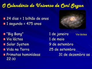 O Calendário do Universo de Carl Sagan

  24 dias = 1 bilhão de anos
  1 segundo = 475 anos

  “Big Bang”                   1 de janeiro    Via láctea
  Via láctea                   1 de maio
  Solar System                 9 de setembro
  Vida na Terra                25 de setembro
  Primatas hominídeas                31 de dezembro as
  22:30
 