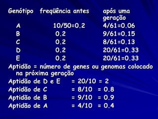 Genótipo   freqüência antes   após uma
                              geração
  A           10/50=0.2       4/61=0.06
  B            0.2            9/61=0.15
  C            0.2            8/61=0.13
  D            0.2            20/61=0.33
  E            0.2            20/61=0.33
Aptidão = número de genes ou genomas colocado
  na próxima geração
Aptidão de D e E   = 20/10 = 2
Aptidão de C       = 8/10 = 0.8
Aptidão de B       = 9/10 = 0.9
Aptidão de A       = 4/10 = 0.4
 