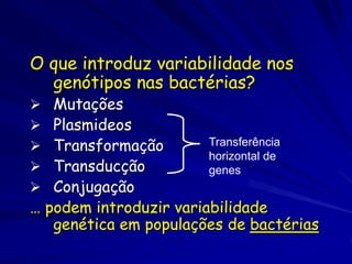 O que introduz variabilidade nos
  genótipos nas bactérias?
  Mutações
  Plasmideos
  Transformação        Transferência
                        horizontal de
  Transducção          genes
  Conjugação
… podem introduzir variabilidade
   genética em populações de bactérias
 