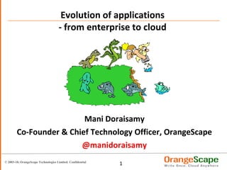 Evolution of applications - from enterprise to cloud Mani Doraisamy Co-Founder & Chief Technology Officer, OrangeScape @manidoraisamy 