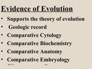 Evidence of Evolution
•   Supports the theory of evolution
•   Geologic record
•   Comparative Cytology
•   Comparative Biochemistry
•   Comparative Anatomy
•   Comparative Embryology
    06/07/12       cott
 