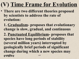 (V) Time Frame for Evolution
• There are two different theories proposed
  by scientists to address the rate of
  evolution:
  1. Gradualism- proposes that evolutionary
  change is slow, gradual, and continuous
  2. Punctuated Equilibrium- proposes that
  species have long periods of stability
  (several million years) interrupted by
  geologically brief periods of significant
  change during which a new species may
  evolve
   06/07/12          cott
 