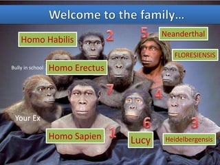 Neanderthal
    Homo Habilis
                                           FLORESIENSIS
Bully in school   Homo Erectus




 Your Ex

                  Homo Sapien    Lucy   Heidelbergensis
 