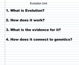 Evolution Unit 1. What is Evolution? 2. How does it work?  3. What is the evidence for it? 4. How does it connect to genetics? 