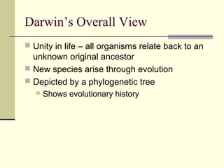 Darwin’s Overall View
 Unity in life – all organisms relate back to an
  unknown original ancestor
 New species arise through evolution
 Depicted by a phylogenetic tree
      Shows evolutionary history
 