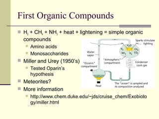First Organic Compounds
 H2 + CH4 + NH3 + heat + lightening = simple organic
  compounds
      Amino acids
      Monosaccharides
 Miller and Urey (1950’s)
   Tested Oparin’s
     hypothesis
 Meteorites?
 More information
   http://www.chem.duke.edu/~jds/cruise_chem/Exobiolo
    gy/miller.html
 