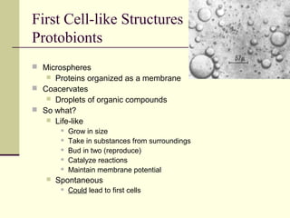 First Cell-like Structures
Protobionts
 Microspheres
    Proteins organized as a membrane
 Coacervates
    Droplets of organic compounds
 So what?
    Life-like
           Grow in size
           Take in substances from surroundings
           Bud in two (reproduce)
           Catalyze reactions
           Maintain membrane potential
      Spontaneous
           Could lead to first cells
 