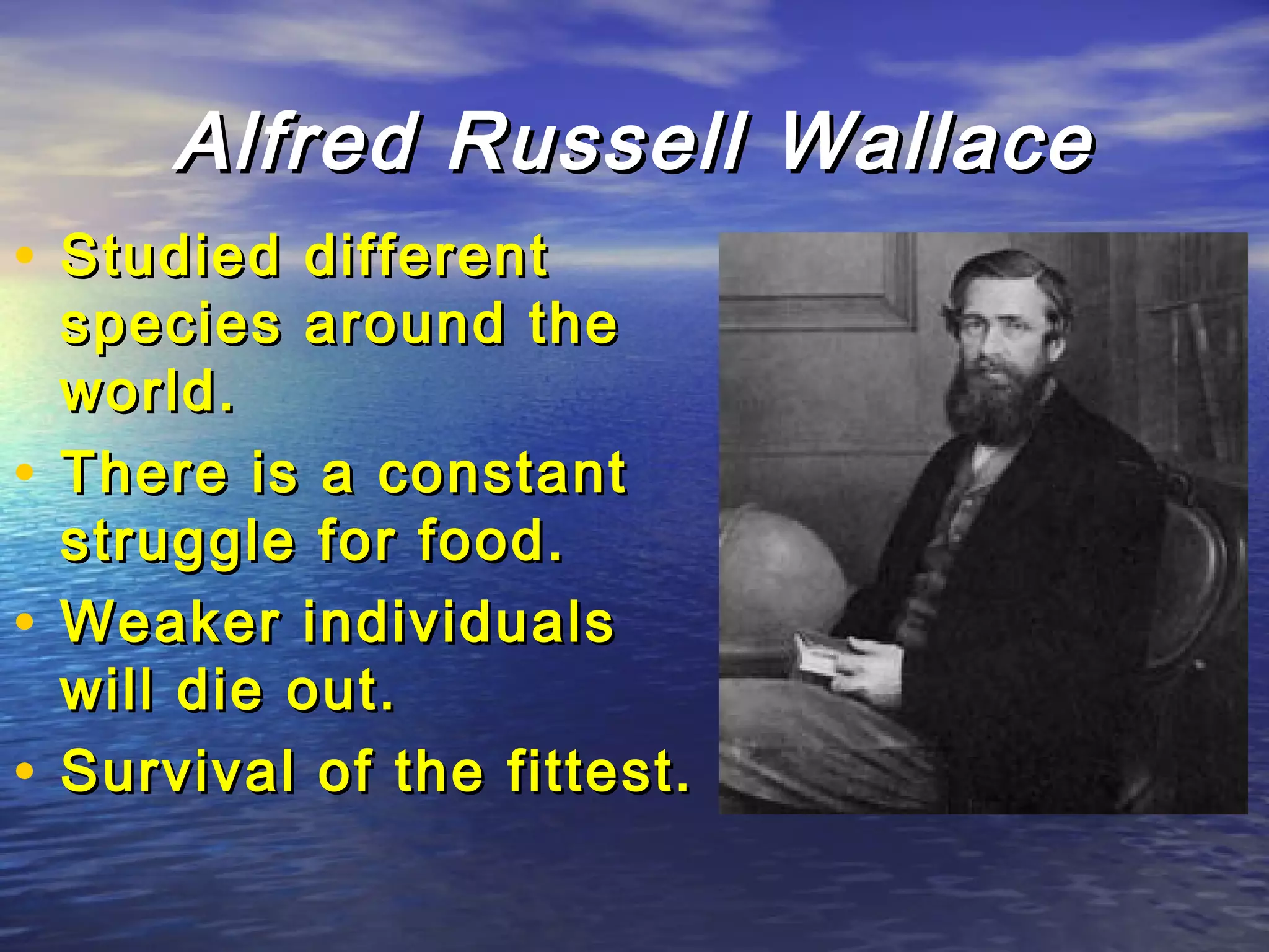 Alfred Russell WallaceAlfred Russell Wallace
• Studied differentStudied different
species around thespecies around the
world.world.
• There is a constantThere is a constant
struggle for food.struggle for food.
• Weaker individualsWeaker individuals
will die out.will die out.
• Survival of the fittest.Survival of the fittest.
 