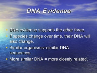DNA EvidenceDNA Evidence
• DNA evidence supports the other three.DNA evidence supports the other three.
• If species change over time, their DNA willIf species change over time, their DNA will
also change.also change.
• Similar organisms=similar DNASimilar organisms=similar DNA
sequencessequences
• More similar DNA = more closely related.More similar DNA = more closely related.
 