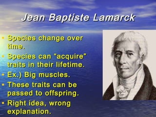 Jean Baptiste LamarckJean Baptiste Lamarck
• Species change overSpecies change over
time.time.
• Species can “acquire”Species can “acquire”
traits in their lifetime.traits in their lifetime.
• Ex.) Big muscles.Ex.) Big muscles.
• These traits can beThese traits can be
passed to offspring.passed to offspring.
• Right idea, wrongRight idea, wrong
explanation.explanation.
 