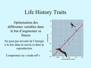 Life History Traits 
Optimisation des 
différentes variables dans 
le but d’augmenter sa 
fitness 
Ne peut pas investir de l’énergie 
à la fois dans la survie et dans la 
reproduction 
Compromis ou « trade-off » 
 