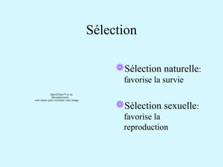 Sélection 
Sélection naturelle: 
favorise la survie 
Sélection sexuelle: 
favorise la 
reproduction 
QuickTime™ et un 
décompresseur 
sont requis pour visionner cette image. 
 