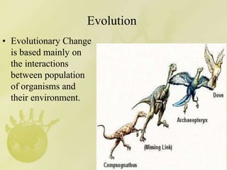 Evolution
• Evolutionary Change
is based mainly on
the interactions
between population
of organisms and
their environment.
 
