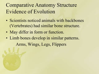 Comparative Anatomy Structure
Evidence of Evolution
• Scientists noticed animals with backbones
(Vertebrates) had similar bone structure.
• May differ in form or function.
• Limb bones develop in similar patterns.
Arms, Wings, Legs, Flippers
 