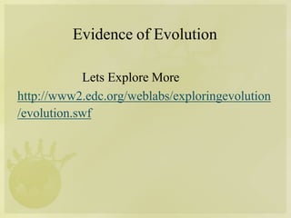 Evidence of Evolution
Lets Explore More
http://www2.edc.org/weblabs/exploringevolution
/evolution.swf
 