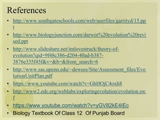 References
• http://www.southgateschools.com/web/userfiles/garrityd/15.pp
t
• http://www.biologyjunction.com/darwin%20evolution%20revi
sed.ppt
• http://www.slideshare.net/imlovestruck/theory-of-
evolution?qid=9f48c386-d204-40ad-b387-
3876e335f45f&v=&b=&from_search=6
• http://www.sas.upenn.edu/~dewees/Site/Assessment_files/Evo
lutionUnitPlan.pdf
• https://www.youtube.com/watch?v=GhHOjC4oxh8
• http://www2.edc.org/weblabs/exploringevolution/evolution.sw
f
• https://www.youtube.com/watch?v=yGV82kE4IEc
• Biology Textbook Of Class 12 Of Punjab Board
 