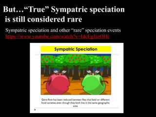 Sympatric speciation and other “rare” speciation events
https://www.youtube.com/watch?v=IdcEgJazOHc
But…“True” Sympatric speciation
is still considered rare
 
