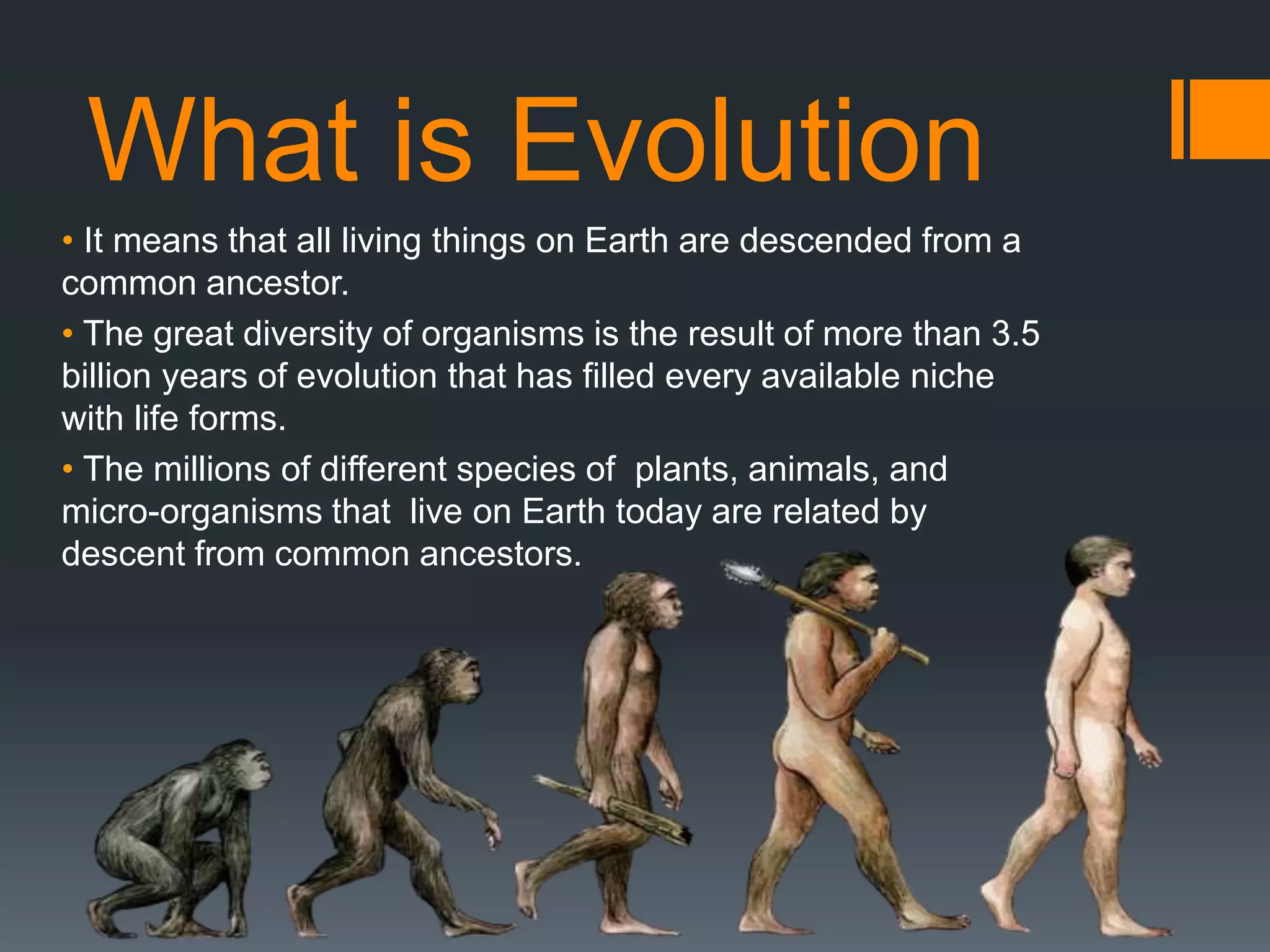 What is Evolution
• It means that all living things on Earth are descended from a
common ancestor.
• The great diversity of organisms is the result of more than 3.5
billion years of evolution that has filled every available niche
with life forms.
• The millions of different species of plants, animals, and
micro-organisms that live on Earth today are related by
descent from common ancestors.
 
