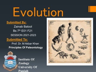 Evolution
Submitted By:
Zainab Batool
Bs 7th E01 F21
SESSION 2021-2023
Submitted To:
Prof. Dr. M Akbar Khan
Principles Of Paleontology
Institute Of
Zoology
University Of
Punjab
 
