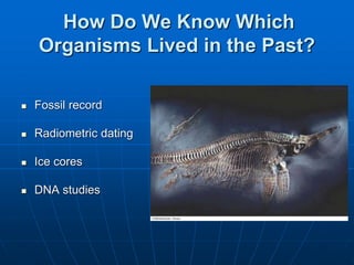 How Do We Know Which
Organisms Lived in the Past?
 Fossil record
 Radiometric dating
 Ice cores
 DNA studies
 