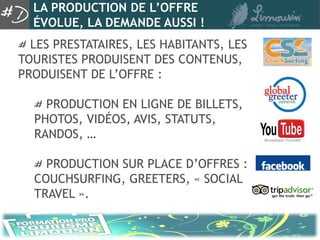 LA PRODUCTION DE L’OFFRE
  ÉVOLUE, LA DEMANDE AUSSI !
  LES PRESTATAIRES, LES HABITANTS, LES
TOURISTES PRODUISENT DES CONTENUS,
PRODUISENT DE L’OFFRE :

    PRODUCTION EN LIGNE DE BILLETS,
  PHOTOS, VIDÉOS, AVIS, STATUTS,
  RANDOS, …

    PRODUCTION SUR PLACE D’OFFRES :
  COUCHSURFING, GREETERS, « SOCIAL
  TRAVEL ».
 