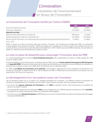 L’innovation
                                                                        L’évolution de l’environnement
                                                                       en faveur de l’innovation

         Le financement de l’innovation facilité par l’action d’OSEO
                                                                                                                        2009            2010
         Nombre d’entreprises soutenues                                                                                80 000          80 000
         Fonds totaux collectés (€)                                                                                  25 milliards    29 milliards
         Répartition des aides
         Montant total des aides directes à l’innovation (€)                                                         560 millions    1,9 milliard
         Total de prêts garantis en faveur de l’investissement (€)                                                   8,4 milliards   9,2 milliards
         Montant total de financements mis en partenariats avec les banques et les organismes de fonds propres (€)    5 milliards     9 milliards
         Source : OSEO

         OSEO, à travers sa mission de service public pour soutenir l’innovation, est l’interlocuteur privilégié des PME, en co-finançant
         et accompagnant leurs projets d’innovation. OSEO gère également le programme du Fonds Unique Interministériel (FUI) pour le
         compte de l’Etat, qui finance les projets des pôles de compétitivité. En 2011, OSEO a soutenu 84 000 entreprises. Ces dernières ont
         obtenu 31 milliards d’euros de financements, publics et privés.


         La mise en place de dispositifs pour encourager l’innovation dans les PME
         Le nombre de bénéficiaires du statut de Jeune Entreprise Innovante (JEI) a doublé depuis sa création en 2004, passant de 1 300
         à plus de 2 600 en 2010.
         D’autres dispositifs ont permis de soutenir l’innovation dans les PME, tels que le Fonds national d’amorçage de CDC Entreprises
         ou le dispositif CIFRE (Conventions Industrielles de Formation par la Recherche) qui subventionne toute entreprise qui embauche un
         doctorant pour le placer au cœur d’une collaboration de recherche avec un laboratoire public.
         En 1999, la Loi Allègre sur l’innovation et la recherche a encouragé le rapprochement entre enseignants et chercheurs et le
         monde de l’entreprise. En 2009, environ 60 %6 des employeurs de PME en RD étaient des chercheurs en entreprises, soit une
         augmentation de 10 points en quatre ans.


         Le développement d’un éco-système autour de l’innovation
         Les dix dernières années ont vu la création d’un véritable écosystème de l’innovation. Les différents acteurs le constituant ont
         contribué au développement de l’innovation dans les PME à travers diverses initiatives, dont voici quelques exemples :
         •  es actions des agences régionales de l’innovation et des CRCI qui facilitent l’accès à des financements et conseillent les
           L
           porteurs de projets innovants.
         •  es initiatives des réseaux comme l’association Retis, qui accompagne plus de 13 000 entreprises innovantes ou encore InnoTech,
           L
           le programme du réseau Entreprendre destiné aux entreprises technologiques.
         • Les concours comme Tremplin Entreprises (ESSEC/Sénat) ou le concours national d’aide à la création d’entreprises de technologies
            innovantes (MESR/OSEO).




         6   Rapport annuel du Ministère de la Recherche et de l’Enseignement Supérieur - Avril 2011



                                                                                                                                             13


Etude PME 2012.indd 13                                                                                                                      6/14/2012 5:11:14 PM
 