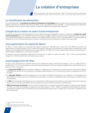 La création d’entreprises
                                                                     Contexte et évolution de l’environnement

         La simplification des démarches
         De manière générale, les procédures de création d’entreprises ont été allégées grâce à plusieurs lois successives dans les années
         2000 (Loi Dutreil pour l’Initiative Economique en 2003, Loi du 2 août 2005 en faveur des PME…). Cette démarche de simplification
         s’accompagne d’actions visant à créer un guichet unique pour répondre aux questions des créateurs.


         L’impact de la création du statut d’auto-entrepreneur
         La création d’entreprises a été favorisée par la mise en place de plusieurs dispositifs incitatifs, en particulier la création du statut
         d’auto-entrepreneur par la Loi de Modernisation de l’Economie en 2008 simplifiant les procédures d’enregistrement de l’entreprise
         et le paiement des charges et cotisations sociales. Entre 2008 et 2009, la France a connu une augmentation du nombre global de
         créations de 75 %.Trois auto-entrepreneurs sur quatre n’auraient pas créé d’entreprise si ce statut n’avait pas existé6.


         Une augmentation du capital de départ
         En 2010, 7  % des créations ont nécessité des capitaux supérieurs à 160  000 euros, contre 3,6  % en 2006. On constate une
         augmentation du capital de départ. Et si la majorité des créateurs démarre son activité avec un capital inférieur à 8 000 euros, cette
         tendance s’est progressivement réduite au cours de la décennie. En 2002, 54,8 % des créateurs démarraient leur activité avec un
         capital inférieur à 8 000 euros, contre 44,3 % en 20107.
         En revanche, les auto-entrepreneurs débutent leur activité avec un apport en capital très faible : 43,2 % des auto-entrepreneurs
         enregistrés en 2010 se sont lancés sans investir aucun capital.


         L’accompagnement de l’Etat
         De plus en plus d’entrepreneurs décident de recourir aux différentes aides et exonérations publiques : 27,2 % en 2002 et 38,5 %
         en 2010 (48,7 % si l’on ne prend pas en compte les auto-entrepreneurs)8. Parmi les nombreux programmes et aides fiscales mis en
         place par l’Etat, on peut citer :
         • Le programme ACCRE (Aide aux Chômeurs Créateurs ou Repreneurs d’Entreprises) qui concerne environ un tiers des créations
            d’entreprises et qui permet une exonération de charges sociales pendant un an sur la partie des revenus ne dépassant pas 120 %
            du SMIC.
         • Le dispositif NACRE (Nouvel Accompagnement à la Création et Reprise d’Entreprise), qui comprend un accompagnement
            personnalisé et un prêt à taux zéro. Il s’adresse aux demandeurs d’emploi ou bénéficiaires des minima sociaux souhaitant créer
            une entreprise.
         • Le PCE (Prêt à la Création d’Entreprise), qui vise à répondre à l’insuffisance de fonds propres ou quasi-fonds propres des entreprises
           de 0 à 3 ans en finançant essentiellement leur trésorerie ainsi qu’en améliorant l’accès au crédit bancaire.
         •  SEO Financement  Garantie intervient dans le financement et la garantie des prêts et apports en fonds propres destinés
           O
           aux PME, aux côtés des banques et organismes de fonds propres. En 2011, OSEO a enregistré 52 000 projets de créations
           d’entreprises financées avec 2,9 milliards d’euros de prêts bancaires garantis pour la création (sur un total de 9,1 milliards d’euros
           de prêts garantis)9.




         6   Insee Première N°1388 - Février 2010
         7   Insee
         8   Base de données macro-économiques de l’Insee
         9   « Bilan 2011, Engagements 2012 », OSEO - Février 2012


             4


Etude PME 2012.indd 4                                                                                                                     6/14/2012 5:11:11 PM
 