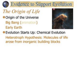 The Origin of Life Origin of the Universe Big Bang ( animation ) Early Earth Evolution Starts Up: Chemical Evolution Heterotroph Hypothesis: Molecules of life arose from inorganic building blocks Evidence to Support Evolution 