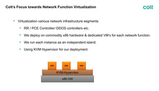 Colt’s Focus towards Network Function Virtualization
• Virtualization various network infrastructure segments
• RR / PCE Controller/ DDOS controllers etc.
• We deploy on commodity x86 hardware & dedicated VM’s for each network function.
• We run each instance as an independent island.
• Using KVM Hypervisor for our deployment.
x86 HW
KVM-Hypervisor
VNF VNF VNF
 