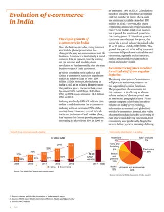 Evolution of e-commerce 
in India 
29% 
53% 
32% 
0.4 0.6 1.0 1.5 2.3 
4 PwC 
The rapid growth of 
e-commerce in India 
Over the last two decades, rising internet 
and mobile phone penetration has 
changed the way we communicate and do 
business. E-commerce is relatively a novel 
concept. It is, at present, heavily leaning 
on the internet and mobile phone 
revolution to fundamentally alter the way 
businesses reach their customers. 
While in countries such as the US and 
China, e-commerce has taken significant 
strides to achieve sales of over 150 
billion USD in revenue, the industry in 
India is, still at its infancy. However over 
the past few years, the sector has grown 
by almost 35% CAGR from 3.8 billion 
USD in 2009 to an estimated 12.6 billion 
USD in 20131. 
Industry studies by IAMA2 I indicate that 
online travel dominates the e-commerce 
industry with an estimated 70% of the 
market share. However, e-retail in both 
its forms; online retail and market place, 
has become the fastest-growing segment, 
increasing its share from 10% in 2009 to 
an estimated 18% in 20133. Calculations 
based on industry benchmarks estimate 
that the number of parcel check-outs 
in e-commerce portals exceeded 100 
million in 2013. However, this share 
represents a miniscule proportion (less 
than 1%) of India’s total retail market, 
but is poised for continued growth in 
the coming years. If this robust growth 
continues over the next few years, the 
size of the e-retail industry is poised to be 
10 to 20 billion USD by 2017-2020. This 
growth is expected to be led by increased 
consumer-led purchases in durables and 
electronics, apparels and accessories, 
besides traditional products such as 
books and audio-visuals. 
E-commerce logistics models: 
A radical shift from regular 
logistics 
The strong emergence of e-commerce 
will place an enormous pressure on 
the supporting logistics functions. 
The proposition of e-commerce to 
the customer is in offering an almost 
infinite variety of choices spread over 
an enormous geographical area. Firms 
cannot compete solely based on sheer 
volumes in today’s ever-evolving, 
information symmetric and globalised 
world of e-commerce. Instead, the realm 
of competition has shifted to delivering to 
ever-shortening delivery timeliness, both 
consistently and predictably. Negligible 
or zero delivery prices, doorstep delivery, 
Growth in e-commerce and e-tailing Commodity distribution in e-tailing 
1. Source: Internet and Mobile Association of India research report 
2. Source: IAMAI report titled‘e-Commerce Rhetoric, Reality and Opportunity’ 
3. Source: PwC analysis 
10-20 
3.8 
5.3 
7.0 
9.5 
12.6 
2009 2010 2011 2012 2013 2017 - 20(E) 
E- tailing E-commerce 
Source: Crsil, IAMAI, PwC analysis and Industry experts 
29% 
57% 53% 
37% 
58% 
CAGR 
40-50% 
In billion USD 
Baby products 
2% 
Electronics 
Healthcare 
Apparels and accessories 
30% 
34% 
3% 
Home and 
furnishing 
6% 
Beauty 
and 
personal 
10% 
Books 
15% 
Source: Internet and Mobile Association of India research 
 