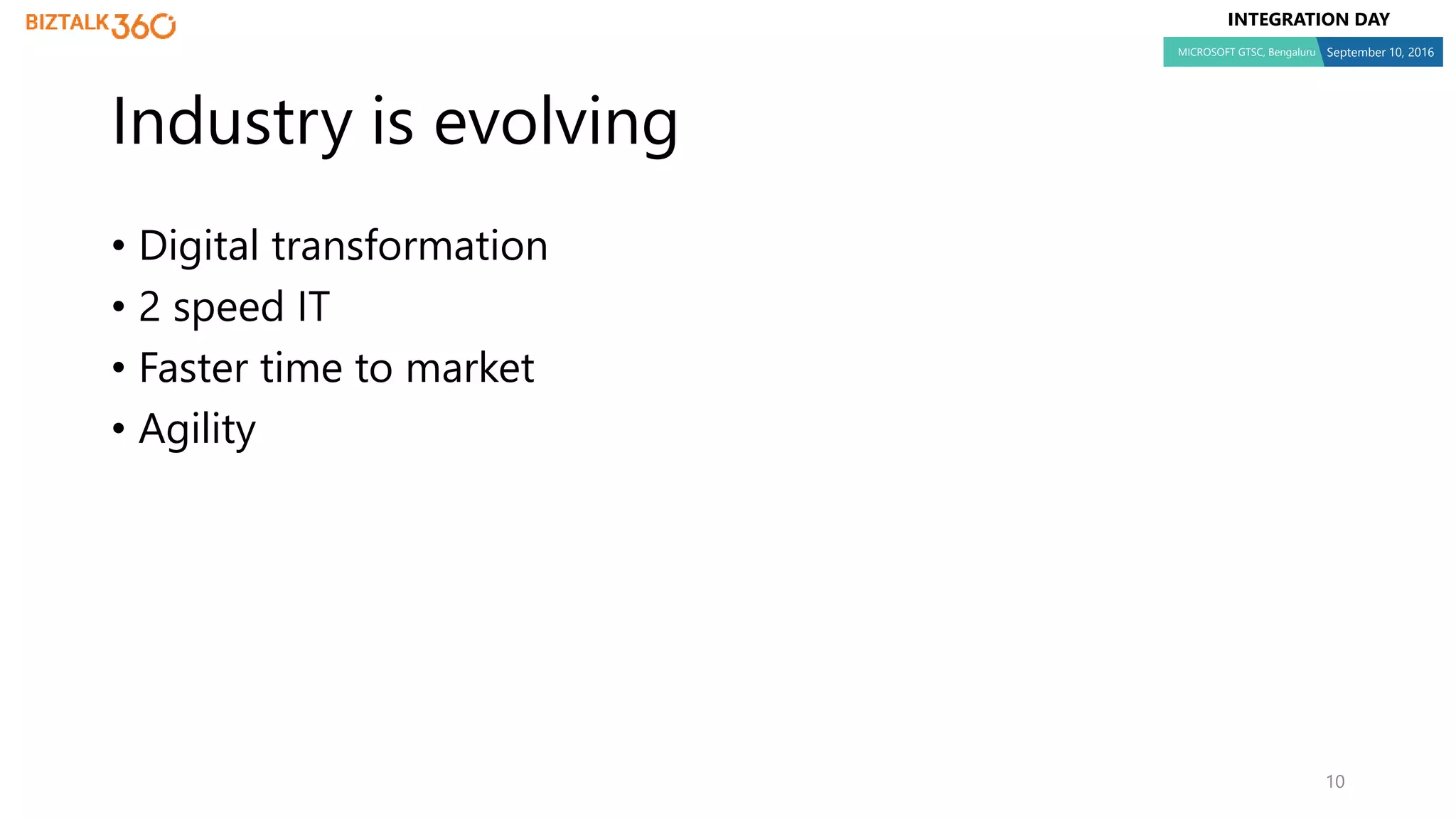 INTEGRATION DAY
MICROSOFT GTSC, Bengaluru September 10, 2016
• Digital transformation
• 2 speed IT
• Faster time to market
• Agility
10
Industry is evolving
 
