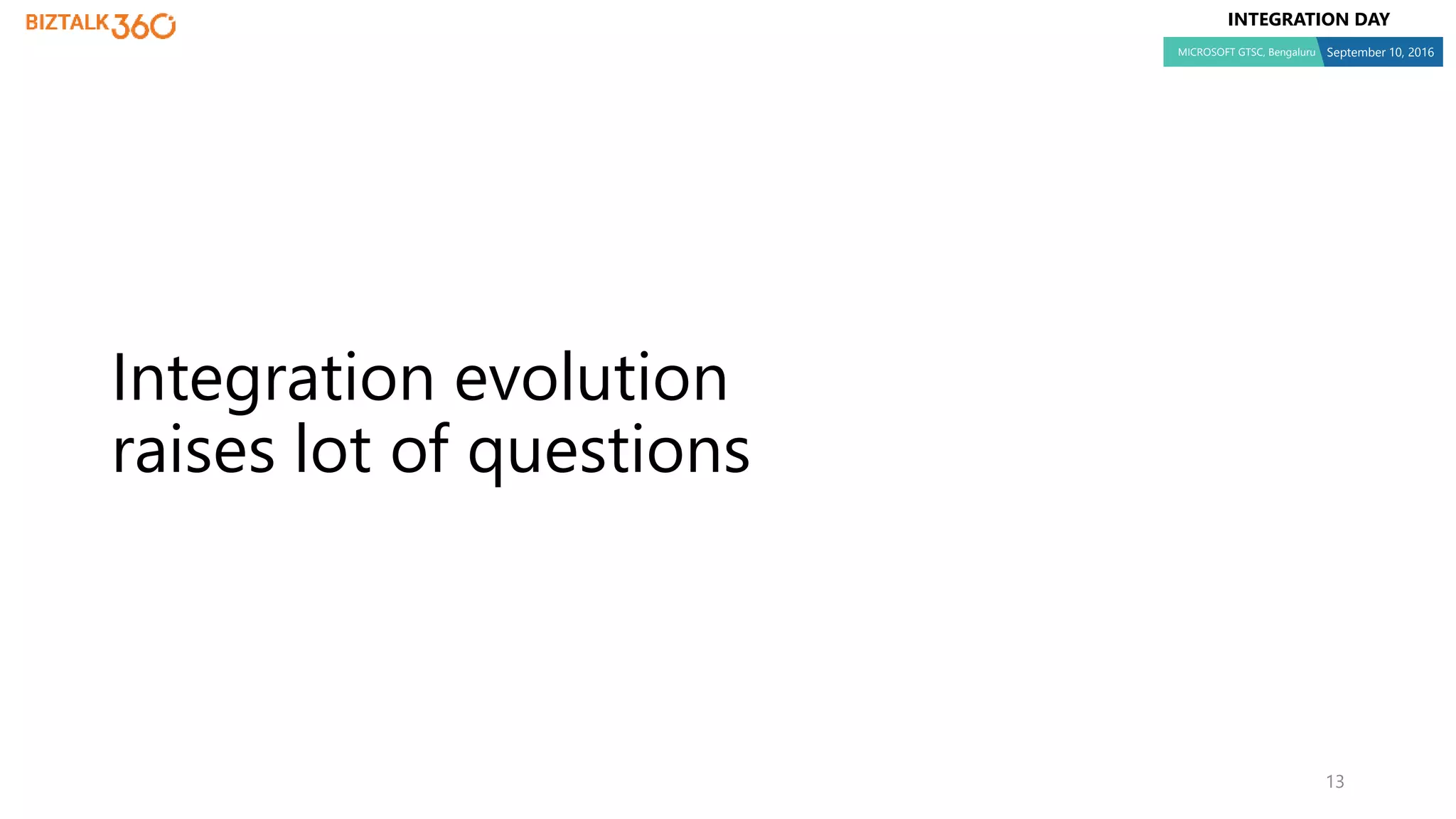 INTEGRATION DAY
MICROSOFT GTSC, Bengaluru September 10, 2016
13
Integration evolution
raises lot of questions
 