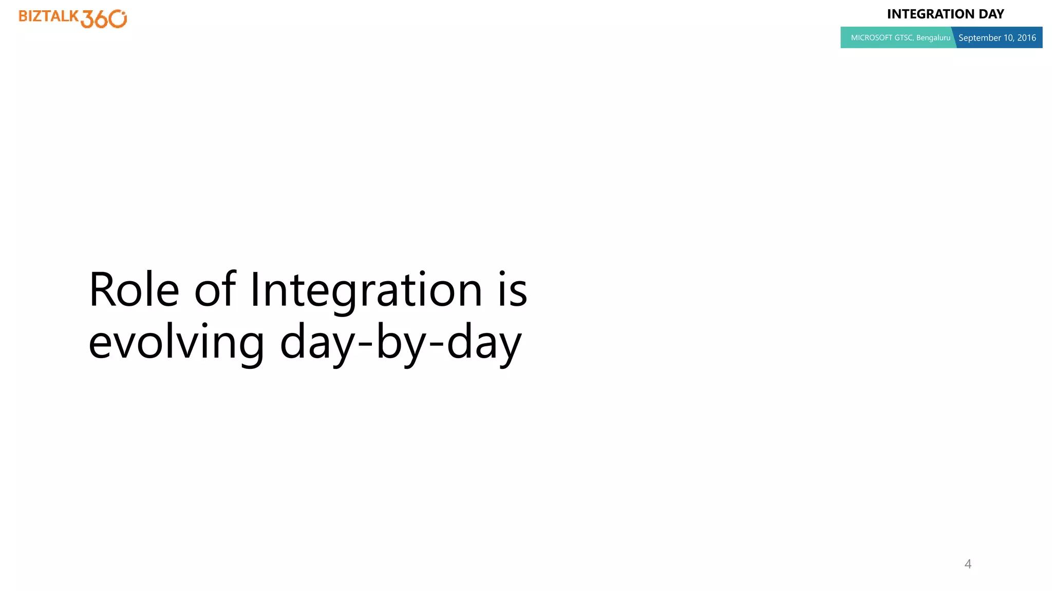 INTEGRATION DAY
MICROSOFT GTSC, Bengaluru September 10, 2016
4
Role of Integration is
evolving day-by-day
 