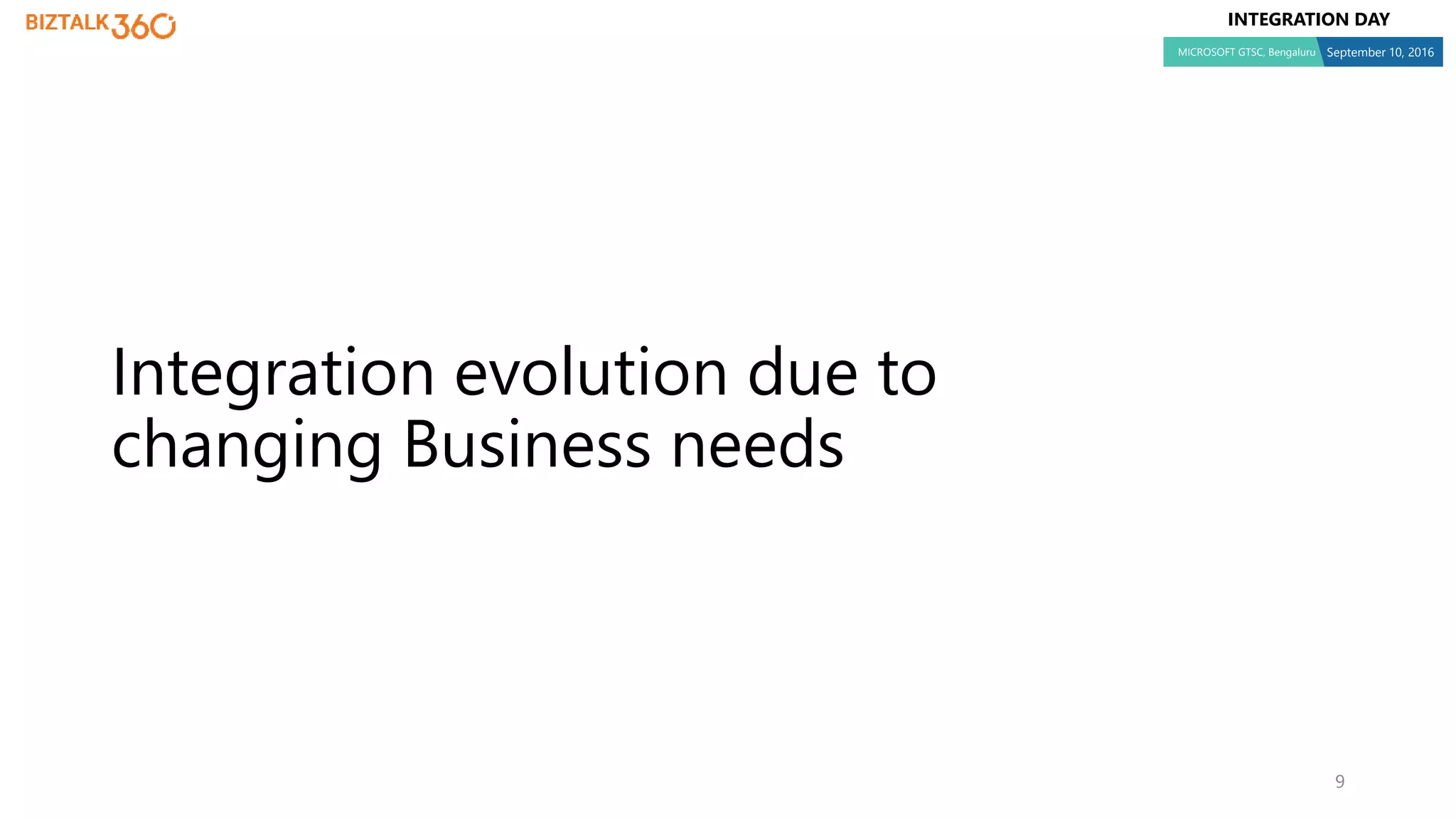 INTEGRATION DAY
MICROSOFT GTSC, Bengaluru September 10, 2016
9
Integration evolution due to
changing Business needs
 