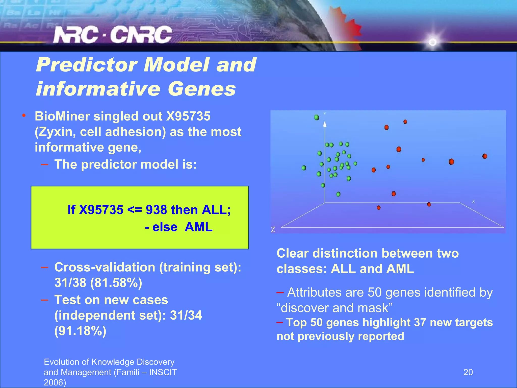Clear distinction between two classes: ALL and AML  Attributes are 50 genes identified by “discover and mask” Top 50 genes highlight 37 new targets not previously reported Predictor Model and informative Genes BioMiner singled out X95735 (Zyxin, cell adhesion) as the most informative gene, The predictor model is: Cross-validation (training set): 31/38 (81.58%) Test on new cases (independent set): 31/34 (91.18%)  If X95735 <= 938 then ALL;  - else  AML 